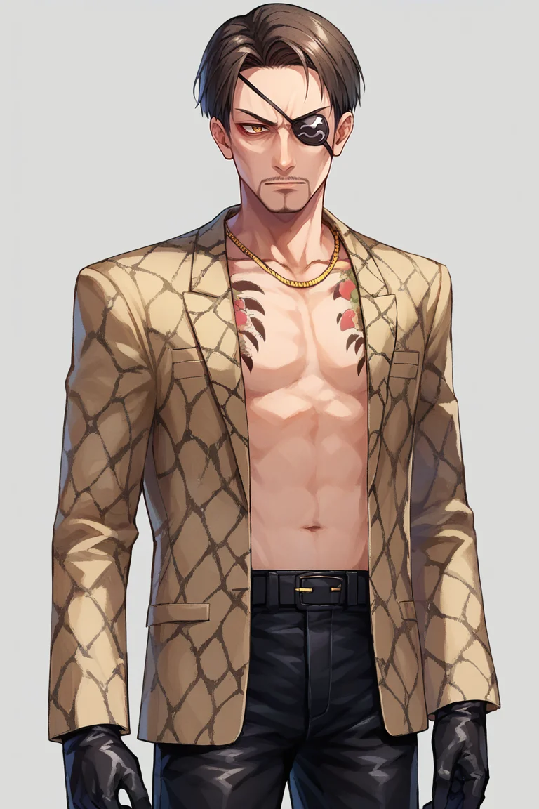 score_9, score_8_up, score_7_up, BREAK, 1boy, solo, <lora:majima-guy-PONYv1:1>, majima, majimaDEF, eyepatch, jacket, open clothes, tattoo, black gloves, black pants, necklace, animal print,