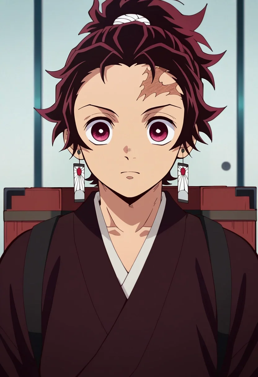 masterpiece, best quality, intricate details, anime screencap, , official style, , , 1boy, solo, male focus, <lora:tanjirou_kamado_ilxl:0.82>, tanjirou_kamado, 1boy, red hair, red eyes, short hair, scar on forehead, ponytail, ,