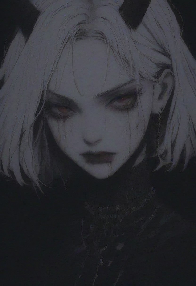 score_9, score_8_up, score_7_up, flat color, blood dripping from mouth, demon girl, demon horns, gthan, gothic, jewelry, red eyes, solo, blood, earrings, cross, 1girl, black background, looking at viewer, portrait, short hair, necklace, blood on face, cross necklace, simple background, spot color, closed mouth, white hair, cross earrings