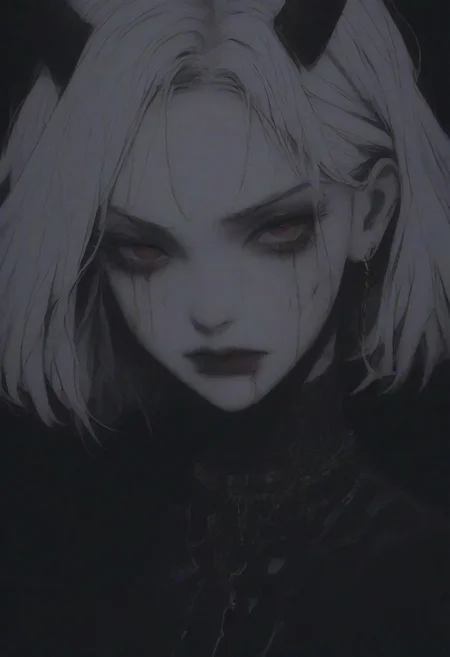 score_9, score_8_up, score_7_up, flat color, blood dripping from mouth, demon girl, demon horns, gthan, gothic, jewelry, red eyes, solo, blood, earrings, cross, 1girl, black background, looking at viewer, portrait, short hair, necklace, blood on face, cross necklace, simple background, spot color, closed mouth, white hair, cross earrings