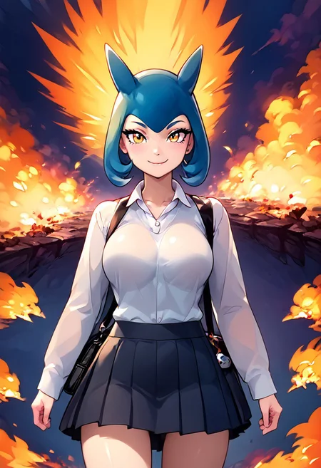 score_9, score_8_up, score_8, ,,, , ,,, zzTyphlosion, no humans, pokemon (creature), fire, <lora:TyphlosionPokedex_PDXL:1.0>, ,,, , BREAK, closed mouth, alternate costume, smile, looking at viewer, collared shirt, blush, sweater, black skirt, eyelashes, long sleeves, sleeves past wrists, plaid skirt, shoulder bag, black bag, blurry, tile floor, pleated skirt, white shirt, cowboy shot, ,,, embedding:zPDXL, Expressiveh, ,,, <lora:Vivid:0.7>, <lora:Uncensored_PonyXL_cpt_v02.09:0.4>, <lora:Expressive_H-000001:0.4>,