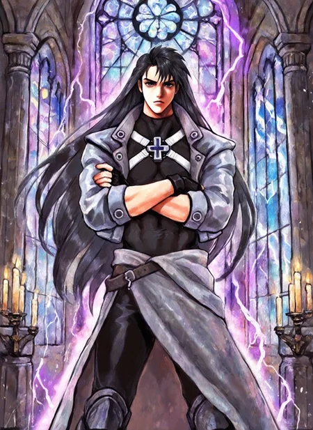 masterpiece, best quality, amazing quality, multfx, colored shading, detailed shading, FMIXF, vibrant details, cyb88, traditional media, hugbaldw, 1boy, solo, male focus, toned male, mature eyes, grey cropped jacket, body harness with holy cross design, long hair, black hair, charcoal greaves, grey skirt, black shirt, black pants, black fingerless gloves, arms crossed, indoors, castle, pillars, stained glass window, lightning, wall candles, purple aura
