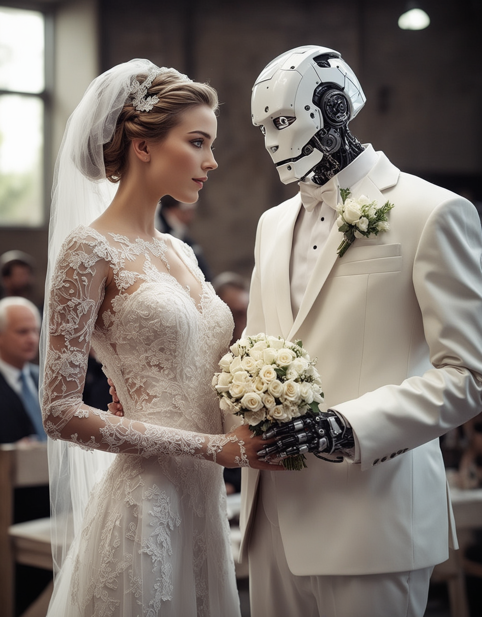 depict a robot and a human getting married. ultra-realistic.