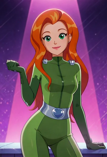 masterpiece, best quality, good quality, 1girl, solo, cartoon, totally_spies_2k24, sam, orange hair, green eyes, green bodysuit, sexy, medium breasts, beautiful, detailed, high detailed, very beautiful, detailed face, detailed eyes, detailed hand, abstract background, neon, smile, looking at viewer, face focus