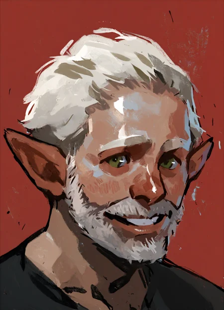score_9, score_8_up, score_7_up, score_6_up, score_5_up, score_4_up, faux traditional media, painterly, portrait, 1boy, mature male, white hair, short hair, beard, elf, (pointy ears:0.8), monster boy, green eyes, short hair, smile, teeth, looking at the viwer, black t-shirt, red background, abstract background