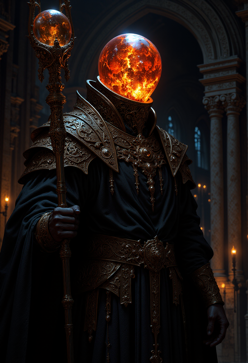 Highly detailed and dramatic digital artwork featuring a mysterious figure with an orb-like head. The style is dark and mystical, with a focus on intricate details and a moody atmosphere. The subject is a humanoid character wearing a dark, ornate robe with a high collar and intricate patterns. The head is a glowing, translucent orb with fiery orange and red hues, resembling a burning sun or molten lava. The figure holds a staff topped with a similar glowing orb, adding to the mystical theme. The background is dimly lit, with hints of gothic architecture and faint candlelight, enhancing the enigmatic and otherworldly ambiance. The overall composition is centered, with the figure dominating the frame, creating a sense of power and mystery. <lora:FluxMythP0rtr4itStyle:0.6> <lora:flux.1_lora_flyway_Epic-Characters_v1:0.6> <lora:Elden_Ring_-_Yoshitaka_Amano:0.33>