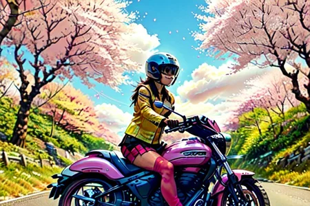 pastel, watercolour, art style, vector, 1girl riding a suzuki intruder, intruder, clouds, pink motorcycle, blond girl, short skirt, cleavage,  black hair, bare tree, fruit, east Asian architecture, rock, pastel, helmet, beak, cherry blossoms, forest, closeup
