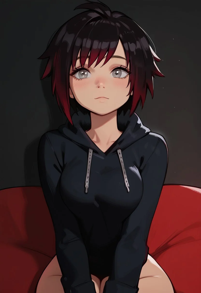 masterpiece,best quality, highly detailed, score_9, score_8_up, score_7_up, score_6_up, score_5_up, score_4_up, Expressiveh, peni parker,Ruby Rose,judgment, cute girl, straight bangs, short, bright silver eyes, black hair, brunette, curvy body, wide hips, thick thighs, short girl, huge round breasts, girl, straight bangs, tomboy hair, black hair, curvy body, big breasts, big ass, bubble butt, wide hips, Ruby wearing a huge hoodie,