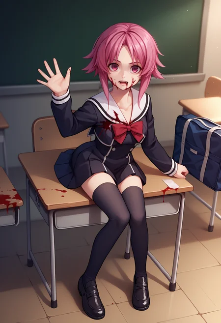 score_9, score_8_up, score_7_up, source_anime, 1girl, OnoeSerDef, short hair, pink hair, short hair with long locks, pink eyes, school uniform, black dress, white sailor collar, long sleeves, red bow, zettai ryouiki, black thighhighs, shoes, <lora:OnoeSerika_XLPD:1>, waving, school desk, school bag, bleeding, bleeding from forehead, blood, blood on face, blood on clothes,