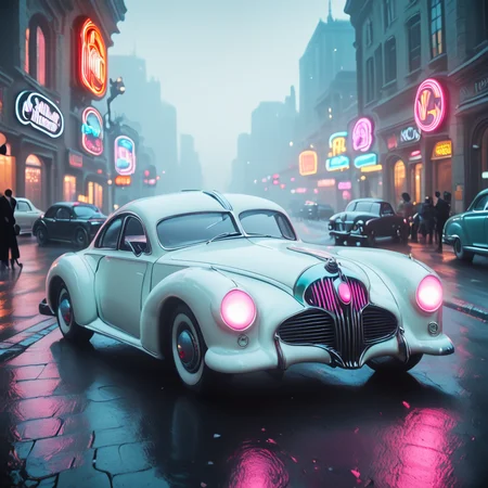 Score_9, score_8_up, score_7_up, score_6_up, BREAK <lora:40sTechnicolorCyberpunkPony:1> ArsMovieStill, movie still from a technicolor 1940s cyberpunk film, The image shows a white car driving down a street at night surrounded by buildings with windows light poles and name boards., car, ground vehicle, vehicle focus, motor vehicle, road, no humans, night, neon lights, outdoors, street