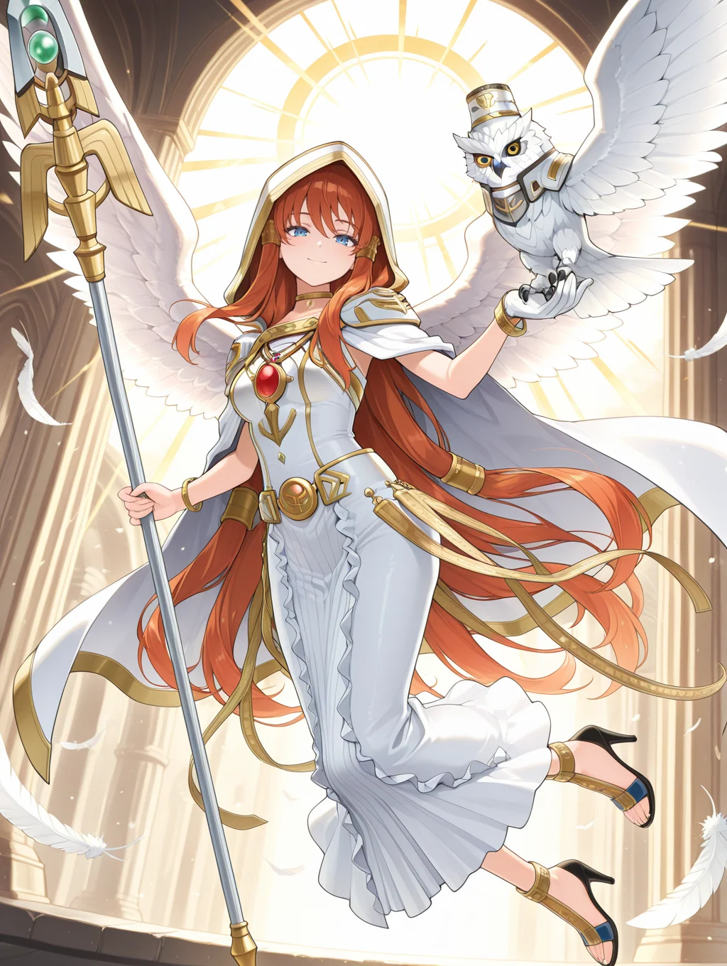 minerva - the exalted lightsworn, 1girl, solo, white owl, gold hair tubes, staff, holding staff, black high heels, smile, looking at viewer, angel wings, gold choker, white cape, white long dress, single white glove, hood up, white hood, gold bracelet, red jewelry, 1other, bird on hand, spread wings, feather, light rays,
masterpiece,best quality,amazing quality,very aesthetic,absurdres,newest,<lora:Minerva, the Exalted Lightsworn illuXL v1.1:0.75>,