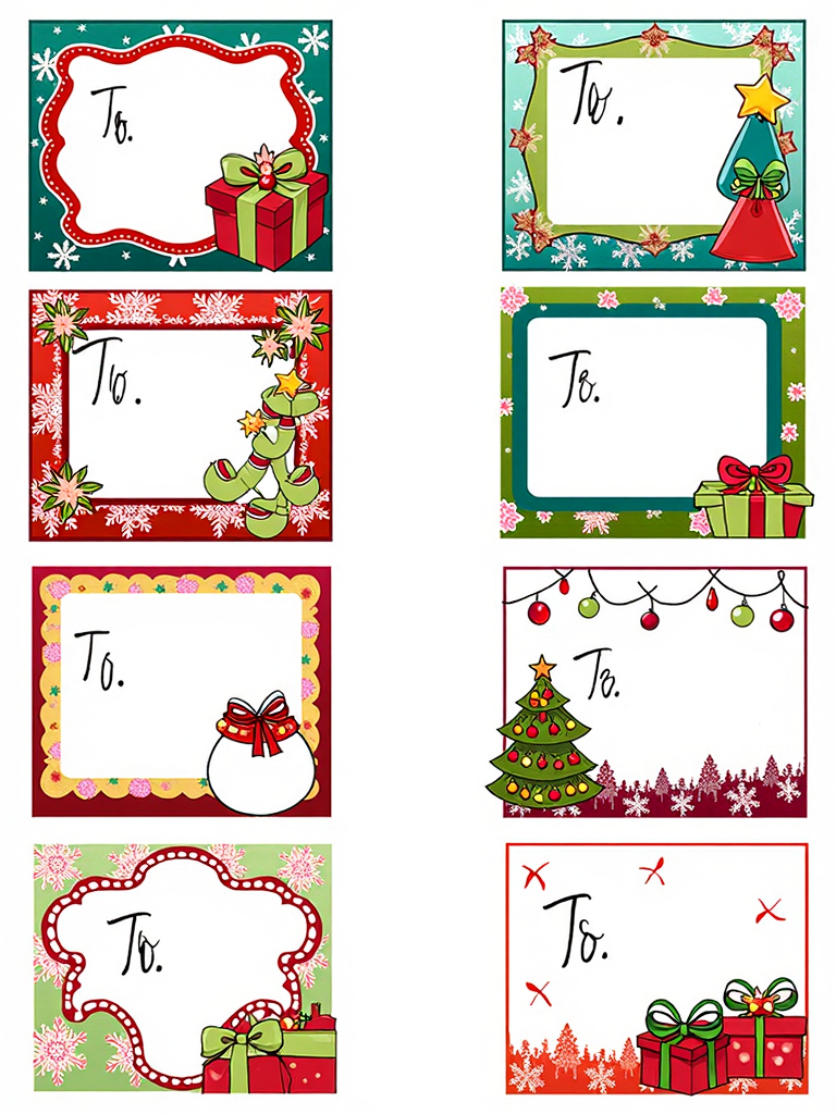 Christmas Label Tags 4x2 grid layout, lines, colorful christmas frames with a christmas icon on the side. It says: "To:". White background.
<lora:ChristmasLabelsFlux:0.9>