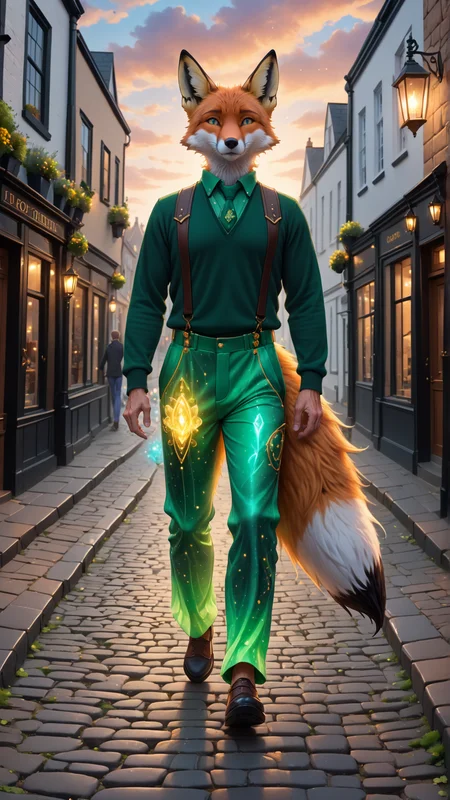 (front view:2), (detailed middle aged male gender character:2) wearing detailed (bioluminescent robotic style pants:2), flowing golden hair and expressive eyes, (fox-like ears:2), (detailed fox one tail:2), (irish thin body shape:2). Walking through a very cozy furry town with pastel color palette, the charming street has cobblestone streets, and (day horizon:1.5). Magic sparkles float in the air, adding a subtle touch of fantasy, doortoinfinity <lora:d\EnvyZoomSliderXL01:-1.25> <lora:doortoinfinity:1> <lora:more_details:1.5> <lora:xl_bioluminescent_dress-1.0:1>