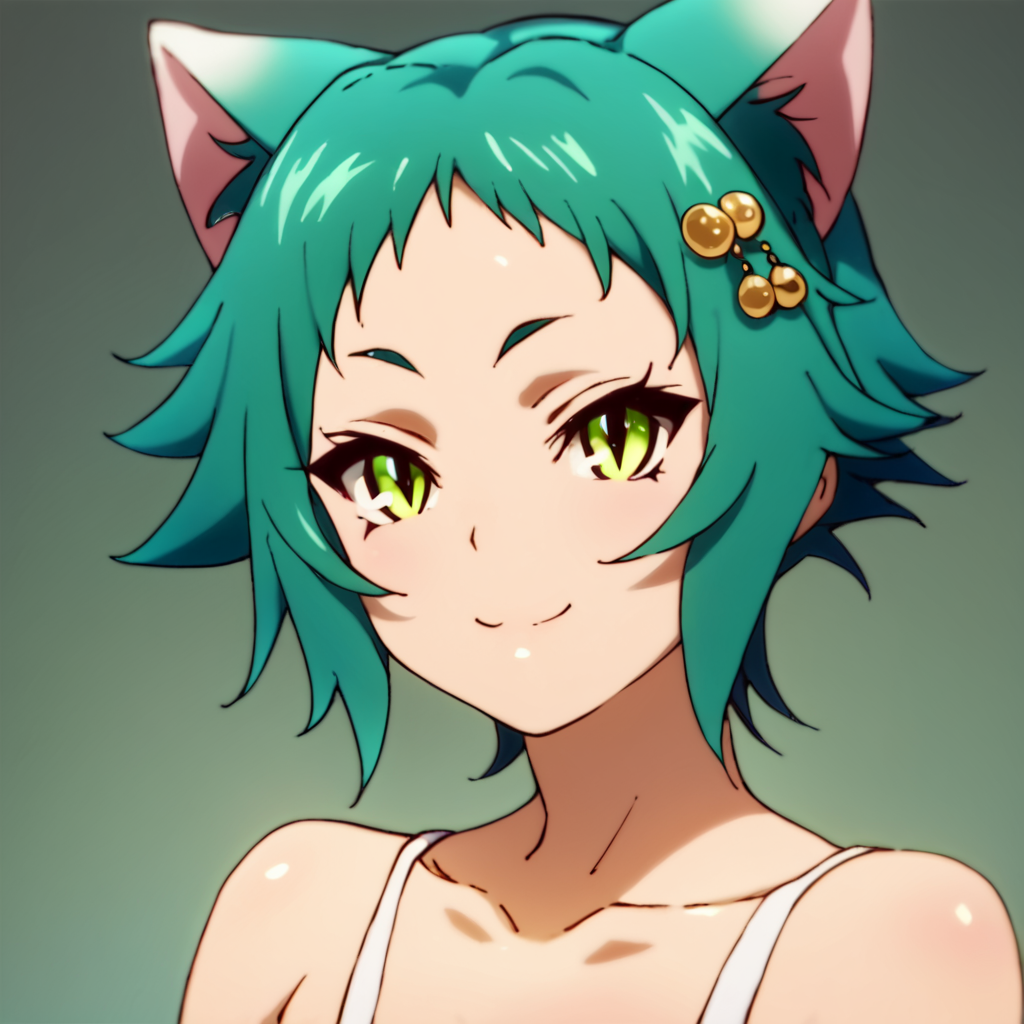 score_9, score_8_up, score_7_up, score_6_up, score_5_up, score_4_up, source_anime, , Yaya, short hair, hair ornament, green eyes, green hair, cat ears, cat girl, small breasts, , soft smile, portrait
