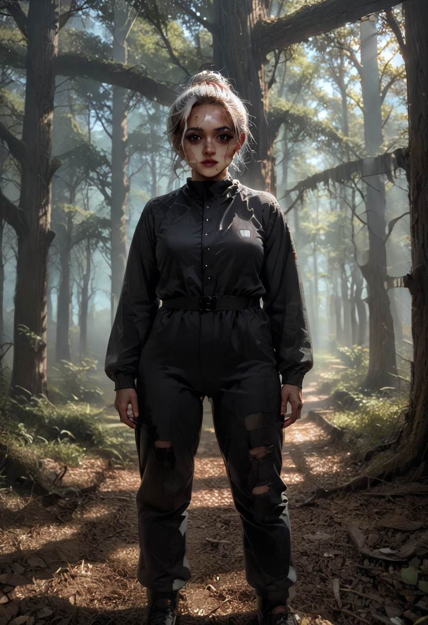 (score_9,score_8_up,score_7_up:1), 1girl, cinematic panning shot, horror, Night time lighting, ambient lighting, happy, <lora:gg3:1> Goth girl, black jumpsuit, flat tummy, narrow shoulders, white hair red highlights, coiled bun hairstyle, choker, eyeshadow)) (bloodless white scarred skin), pawg, wide hips, milf, <lora:butt:1>, hiding, misty pine forest, (<lora:zavy-cntrst-sdxl:1> chiaroscuro, low-key, horror), <lora:_sdxl-gaming-pony:1> gaming, <lora:add-detail-xl:1>, <lora:ALTXL_pony_0061_8:1.5>,