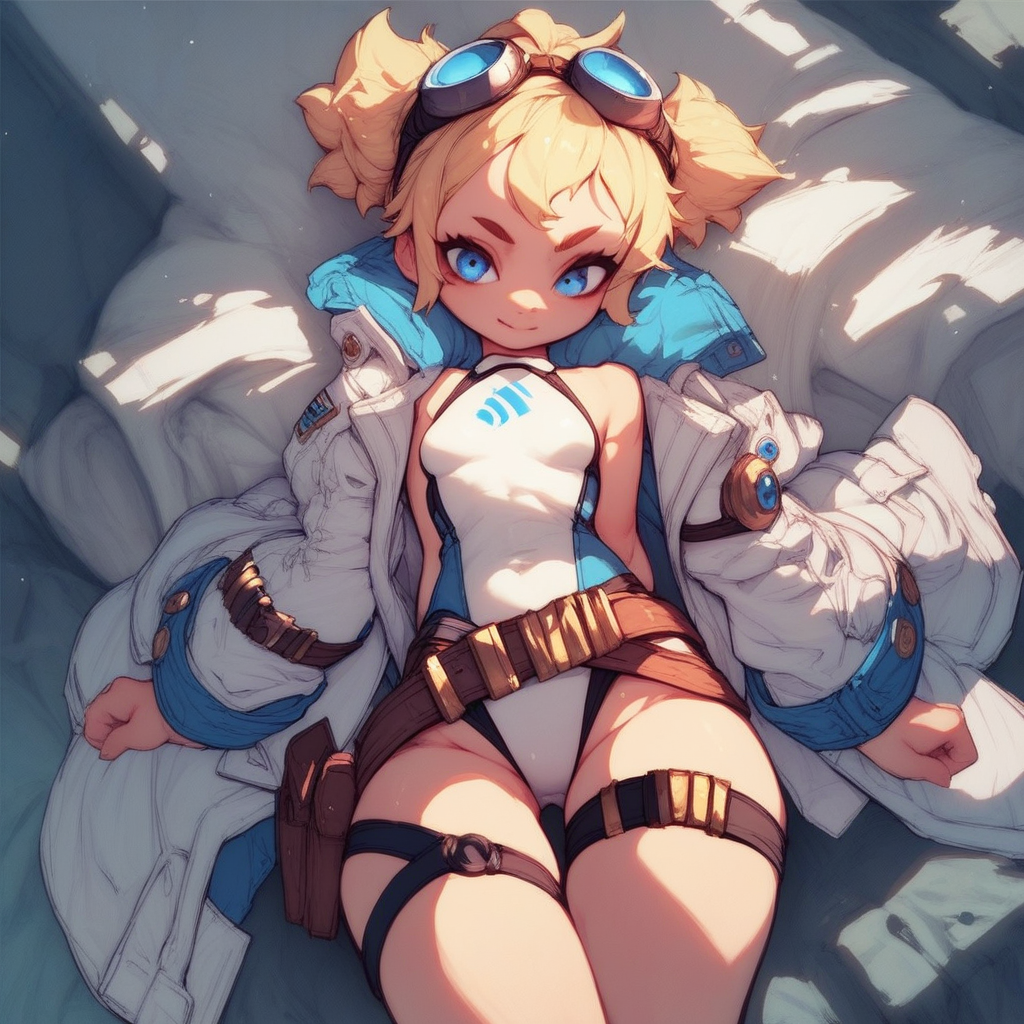 score_9, score_8_up, score_7_up, Pengy, blonde, blue eyes, small breast, goggles on head, white jacket, white leotard, belt, thigh strap