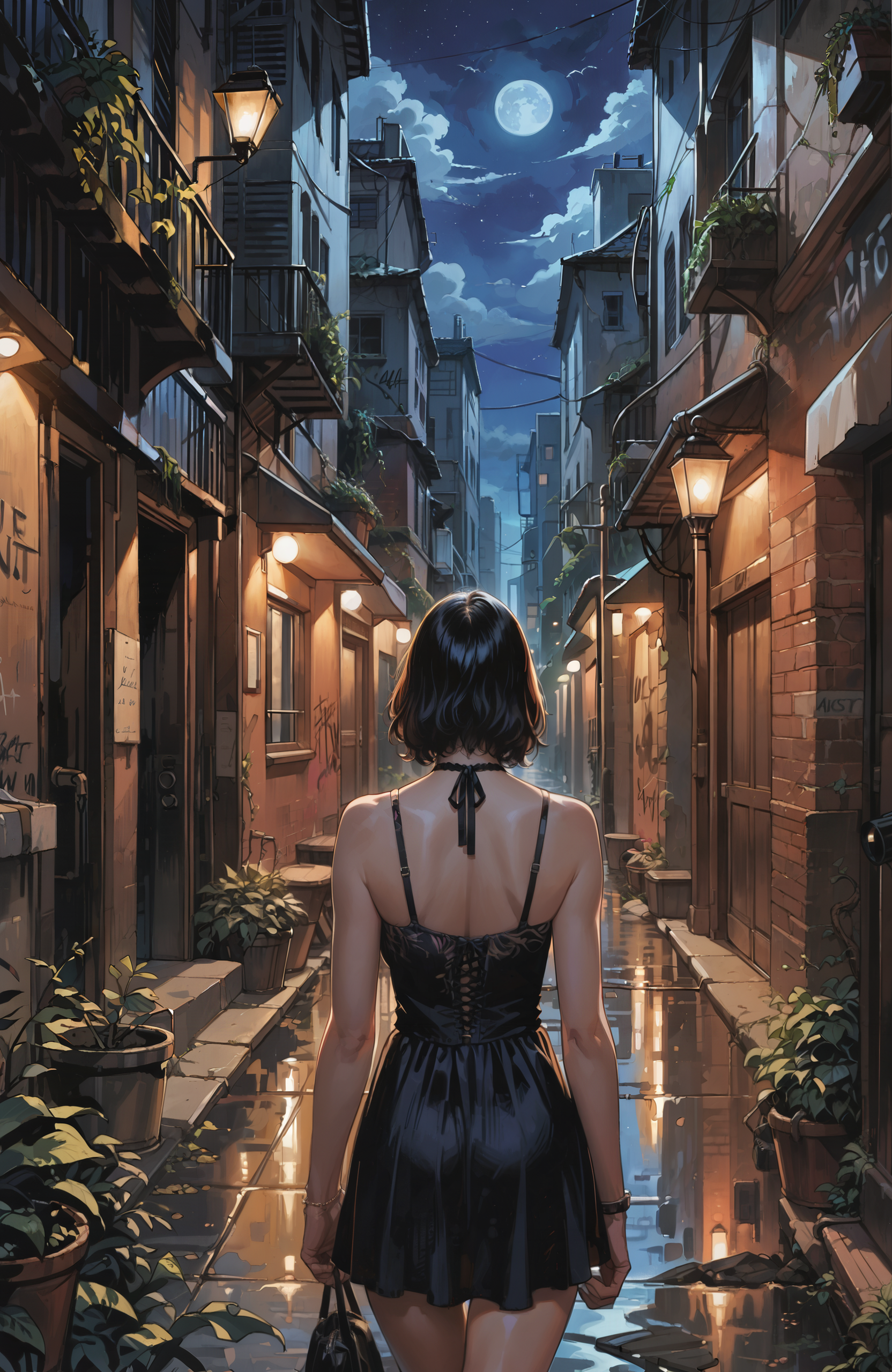 score_9_up, score_8_up, score_7_up, Casual, shiny skin,cell_shading, detailed, detailed background, detailed face, shiny skin, masterpiece, best quality, highly detailed, (realistic face:1.2), 
1girl, back alley environment, night environment, urban theme,(night, dark:1.4), dim light from a nearby streetlamp, leaning  back at a graffiti-covered wall, cool lighting, front view,
BREAK
graffiti of different colors and styles, vines climbing along the edges of the brick walls, faint city sounds in the background
BREAK
1girl, long hair, floating hair, jet black hair, casual cute style, pink bomber jacket, printed black tank top, confident emotion, gentle smile expression, upper body shot, one hand resting on her hip, wearing a delicate silver necklace
 (ultra realistic, 32k, masterpiece:1.2), (high detailed skin:1.1), (high quality:1.1) <lora:incase-ilff-v3-4:0.4>