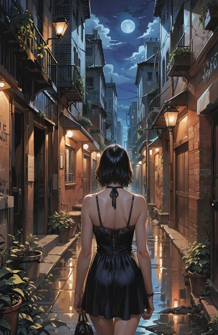 score_9_up, score_8_up, score_7_up, Casual, shiny skin,cell_shading, detailed, detailed background, detailed face, shiny skin, masterpiece, best quality, highly detailed, (realistic face:1.2),
1girl, back alley environment, night environment, urban theme,(night, dark:1.4), dim light from a nearby streetlamp, leaning back at a graffiti-covered wall, cool lighting, front view,
BREAK
graffiti of different colors and styles, vines climbing along the edges of the brick walls, faint city sounds in the background
BREAK
1girl, long hair, floating hair, jet black hair, casual cute style, pink bomber jacket, printed black tank top, confident emotion, gentle smile expression, upper body shot, one hand resting on her hip, wearing a delicate silver necklace
(ultra realistic, 32k, masterpiece:1.2), (high detailed skin:1.1), (high quality:1.1) <lora:incase-ilff-v3-4:0.4>