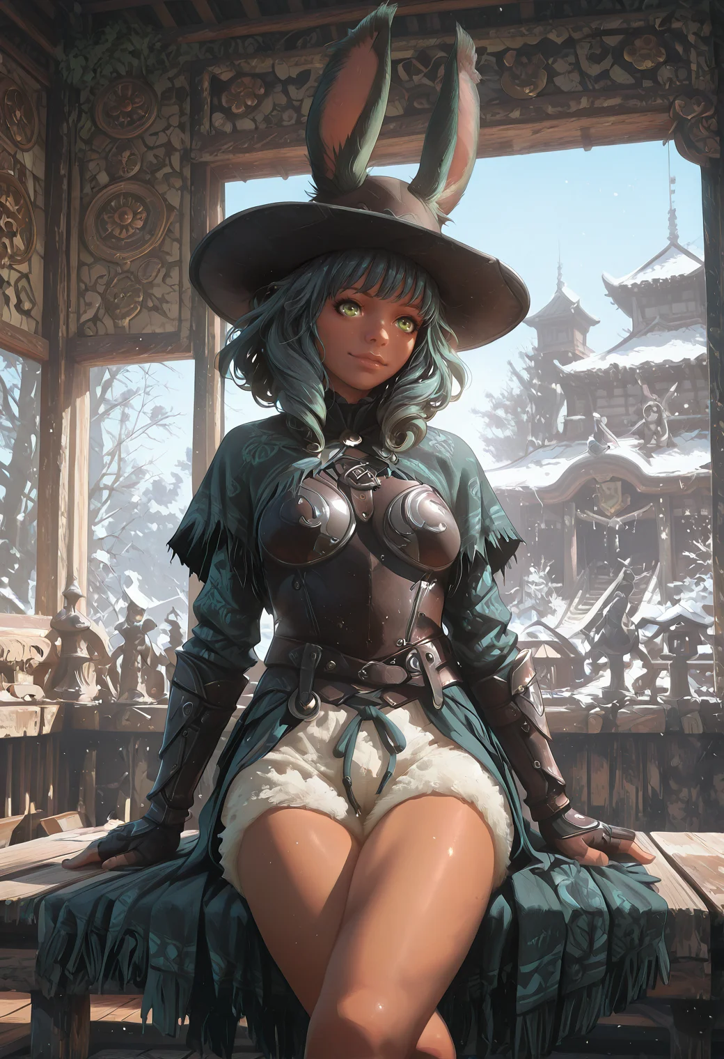 realistic, very awa, ambient occlusion, ray tracing, [sei shoujo], [yoshiten], [takeuchi_takashi], [libbyframe], style parody, [bang_dream!], [arcane:_league_of_legends], [league_of_legends], saturated, colorful, (dynamic angle:1.3), (cowboy shot:1.2) BREAK 1girl, solo, <lora:Final_Fantasy_XIV_Races_Female_Viera_for_IllustriousXL:0.5> rabbit_girl, viera, <lora:anti_human_ears:0.7> deep olive hair, curly hair , rabbit ears, green eyes, (dark skin:1.2), voluptuous body, thin thighs, attractive figure, medium breasts, perfect hands, shiny lips, (awed), closed mouth,wide grin BREAK barbarian, wearing long sleeved dark teal leather shawl, (detailed deep white leather armor cuirass), fleece shorts, cavalier hat, <lora:Barbarian_Outfit:0.7> B4rbarian, fur trim BREAK medieval, fantasy, indoors, palatial temple, wood floors, opulent furniture, shrine, huge windows, castle outside window, altar, sitting, crossed legs , arms relaxed, on bench, winter, day, cool hard light, volumetric lighting BREAK <lora:reij-detaILer:0.9> <lora:light-000167:0.6> <lora:grunge_anime_aesthetic_illustriousXL-000027:0.5> grunge_anime_aesthetic, <lora:Creepy_Cute_Magical_Bits-000009:0.6> CreeepyCuteMagic