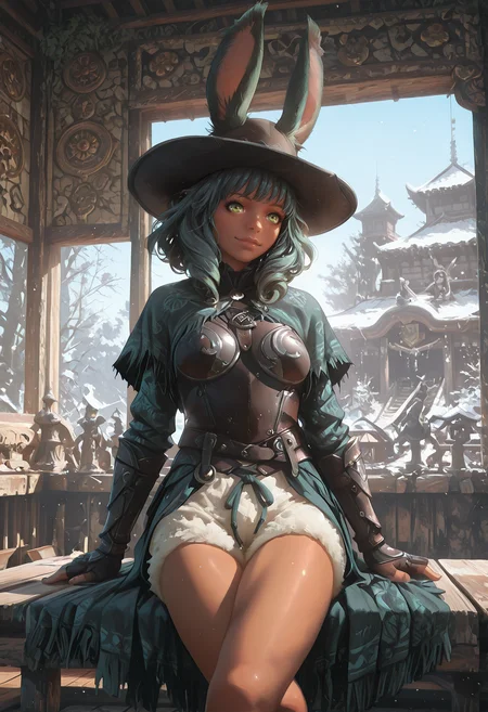 realistic, very awa, ambient occlusion, ray tracing, [sei shoujo], [yoshiten], [takeuchi_takashi], [libbyframe], style parody, [bang_dream!], [arcane:_league_of_legends], [league_of_legends], saturated, colorful, (dynamic angle:1.3), (cowboy shot:1.2) BREAK 1girl, solo, <lora:Final_Fantasy_XIV_Races_Female_Viera_for_IllustriousXL:0.5> rabbit_girl, viera, <lora:anti_human_ears:0.7> deep olive hair, curly hair , rabbit ears, green eyes, (dark skin:1.2), voluptuous body, thin thighs, attractive figure, medium breasts, perfect hands, shiny lips, (awed), closed mouth,wide grin BREAK barbarian, wearing long sleeved dark teal leather shawl, (detailed deep white leather armor cuirass), fleece shorts, cavalier hat, <lora:Barbarian_Outfit:0.7> B4rbarian, fur trim BREAK medieval, fantasy, indoors, palatial temple, wood floors, opulent furniture, shrine, huge windows, castle outside window, altar, sitting, crossed legs , arms relaxed, on bench, winter, day, cool hard light, volumetric lighting BREAK <lora:reij-detaILer:0.9> <lora:light-000167:0.6> <lora:grunge_anime_aesthetic_illustriousXL-000027:0.5> grunge_anime_aesthetic, <lora:Creepy_Cute_Magical_Bits-000009:0.6> CreeepyCuteMagic
