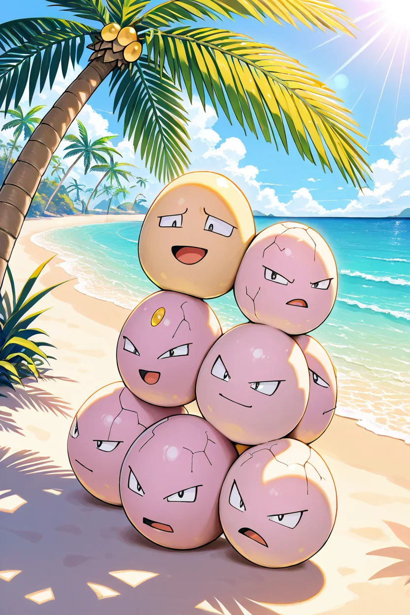 masterpiece, best quality, zzExeggcute, no humans, <lora:ExeggcutePokedexIXL:1.0>, gathered on a sandy beach, tropical palm trees in the background, bright sunlight, cheerful expressions, vibrant colors, playful atmosphere, soft and detailed, whimsical and tropical