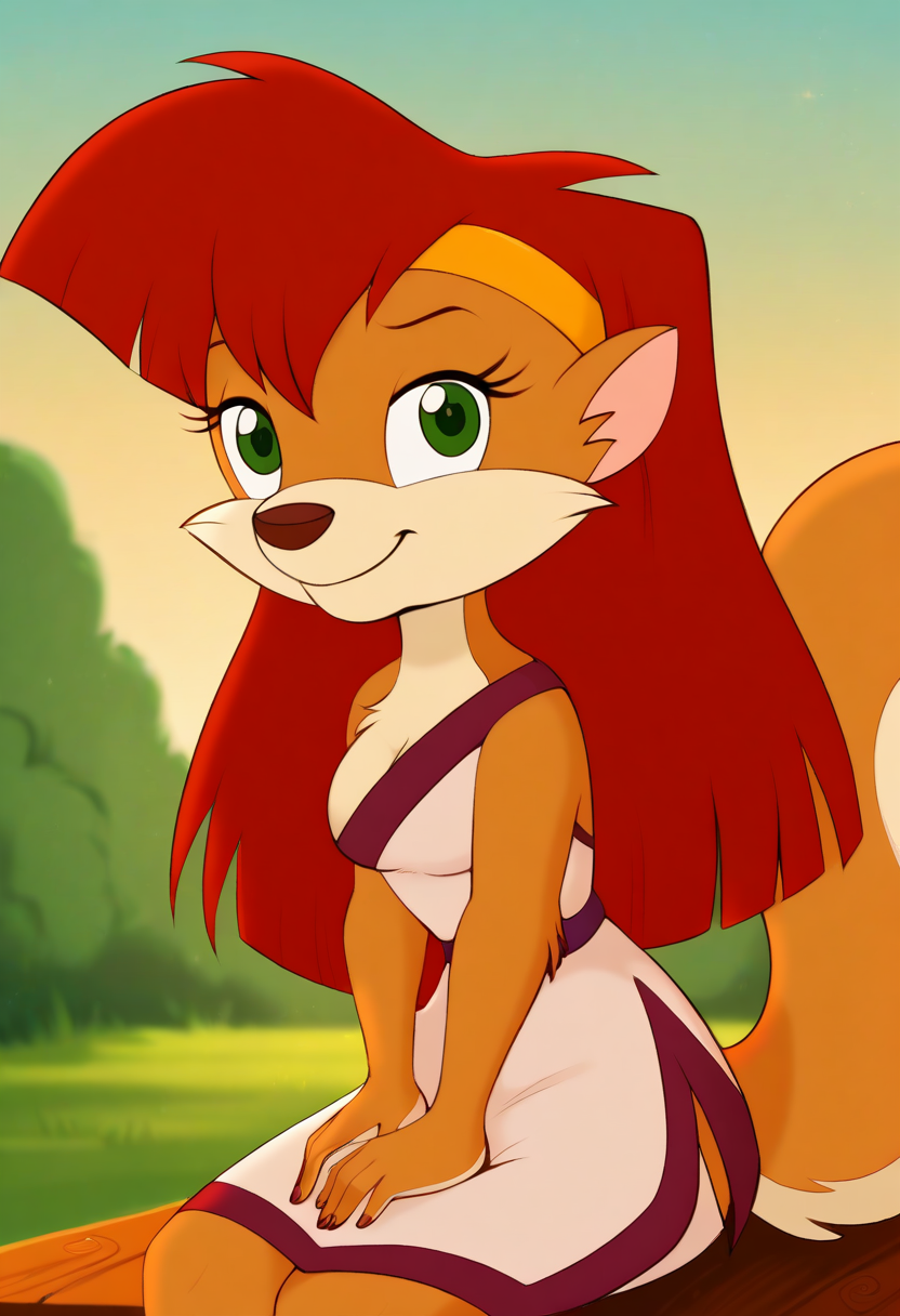 zPDXL, score_9_up, score_8_up,_7_up, score_6_up, score_5_up, score_4_up ,source_furry, best quality, amazing quality, blurry background, masterpiece, 1girl, magic in the air, looking at viewer, solo, cute, cute smile, adorable, outdoors, park, plants, (upper body,close, face focus, sitting:1.2), breast, venus, red hair, squirrel, long hair, green eyes, squirrel tail, orange-white fur, dress, gold hairband, sandals, side slit, <lora:Venus:0.8>, shadman, <lora:Shadman:1.2>, Expressiveh, good_hands, <lora:Expressive_H:0.8>, <lora:Detail_Slider_v1.4_iteration_3:4>, <lora:pony_good_hands:0.8>
