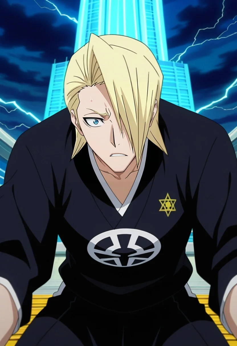 masterpiece, best quality, intricate details, anime screencap, anime coloring, official style, looking at viewer, 1boy, solo, male focus, <lora:izuru_kira_ilxl:1>, izuru_kira, blonde hair, blue eyes, short hair, hair over one eye, black kimono, storm sanctuary, lightning towers, weather halls, protection spheres, sheltering pose, concerned expression, stormy, Board pants, Zigzag Plum Varsity sweatshirt, Boat shoes, , Protective Face Shield