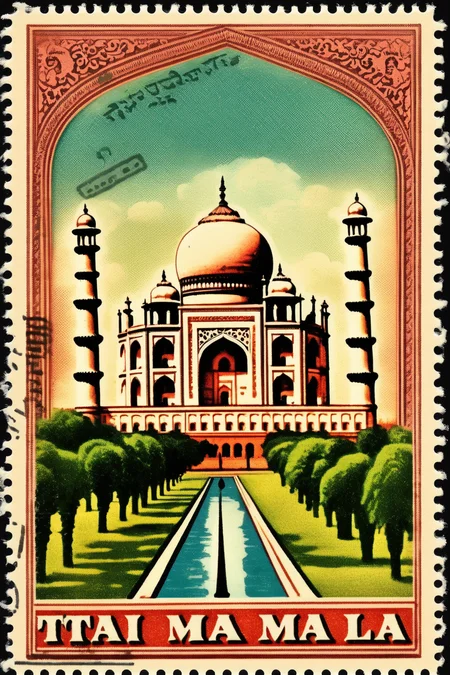 <lora:Vintage Postage Stamps:1>Vintage Postage Stamps - postage stamp depicting the Taj Mahal