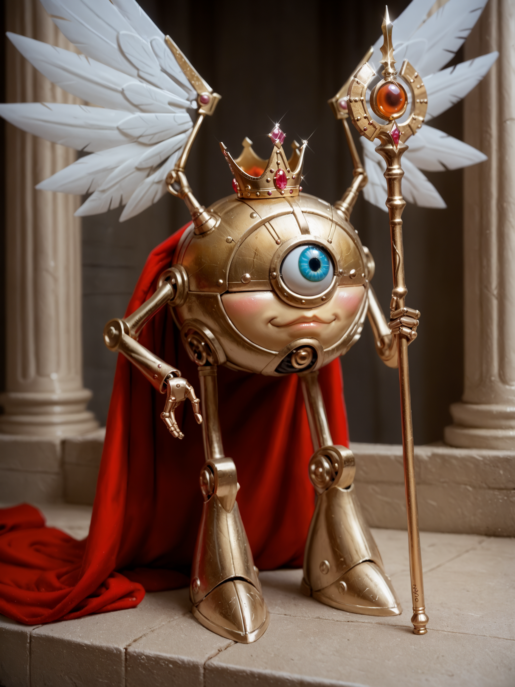 score_9, score_8_up, score_7_up, score_6_up, score_5_up, score_4_up,solo,modrone robot,circular shape,one eyed,2 arms,2legs,wings,gold robot,standing,crown,scepter,throne room,jewels<lora:ModronPonyV1>