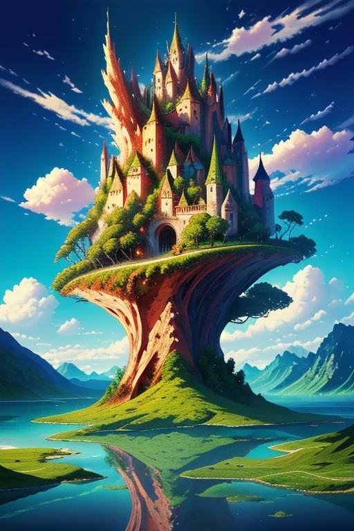 (ultra high res:1.4), (masterpiece), (beautiful lighting:1.4), clear water, beautiful sky with clouds, tree, masterpiece, pretty, surreal landscape image featuring floating islands, upside-down mountains, and unconventional flora. Include a dreamlike quality, pushing the boundaries of reality. Conjure a scene that has imaginative and otherworldly elements. big wooden bridge