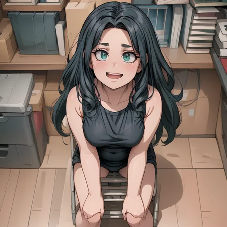 anime, illustration, <lora:hyperdenoiser_v090:0.5>, <lora:hyperrefiner_v090:0.5>, <lora:add_detail:0.3>, detailed hands, (detailed eyes:1.3), <lora:sd15_lora_beta:0.5>, <lora:perfetfingers:0.5>, <lora:ETO_OC:0.2> ETO-OC, <lora:ETO_OCC006:0.5>, ETO_OCC, (curly hair:1.3), (long hair), (black hair:1.8), thick eyebrows, pale skin, (plump:1.4), 1girl, (hazel-green eyes:1.9), smiling, (parted bangs:1.8), (apple cheeks), (round-face:1.8), (round-chin:1.7), (full body:1.9), <lora:taremeEyes_v10:0.5>, (multi-tone eyes:1.7), (large breasts), <lora:shoplifter_interrogation-10:1> shoplifter_interrogation, (sitting in a chair:1.6), blush, sweat, (zoom out), grin, smug,  <lora:just_as_planned:0.4> just_as_planned, (from above), (open mouth, tongue out)
