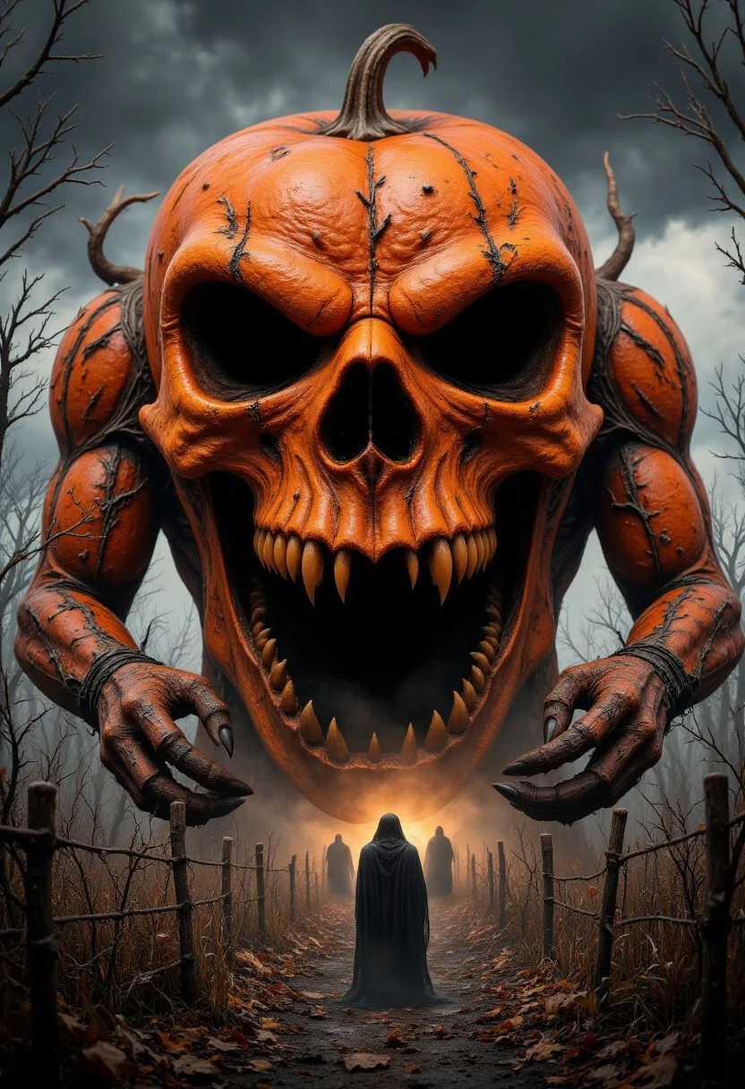 A giant pumpkin creature rising from the earth, its vine-covered arms tearing through the soil, as terrified villagers flee.
, aidmaHalloweenBoost, aidmaHyperrealism, aidmaimageupgrader, aidmaabdhr, aidmafluxpro1.1