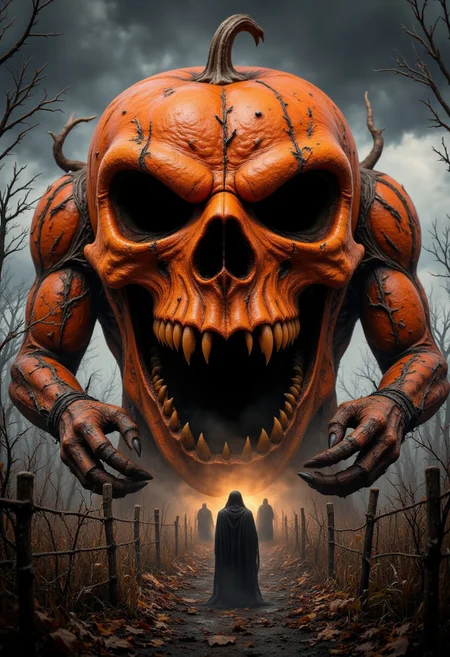 A giant pumpkin creature rising from the earth, its vine-covered arms tearing through the soil, as terrified villagers flee.
, aidmaHalloweenBoost, aidmaHyperrealism, aidmaimageupgrader, aidmaabdhr, aidmafluxpro1.1