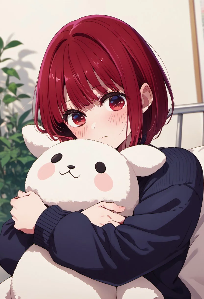 score_9, score_8_up, score_7_up, source_anime,arima kana, red hair, short hair, red eyes, 1girl, solo, blush, object hug, stuffed toy, looking at viewer, , sweater, stuffed animal, long sleeves