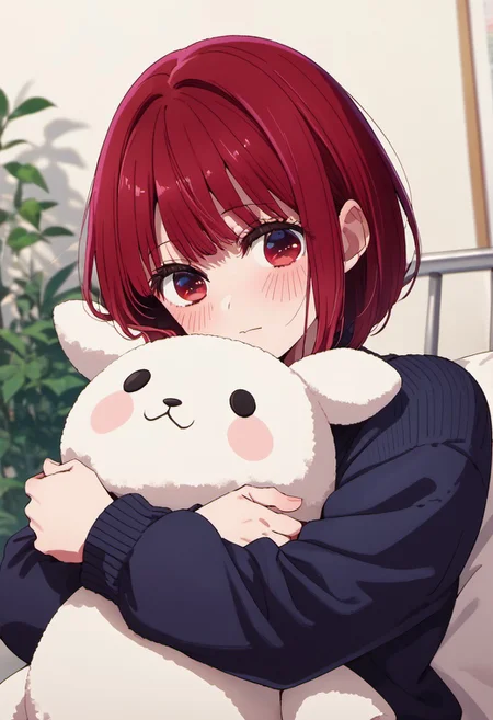 score_9, score_8_up, score_7_up, source_anime,arima kana, red hair, short hair, red eyes, 1girl, solo, blush, object hug, stuffed toy, looking at viewer, , sweater, stuffed animal, long sleeves