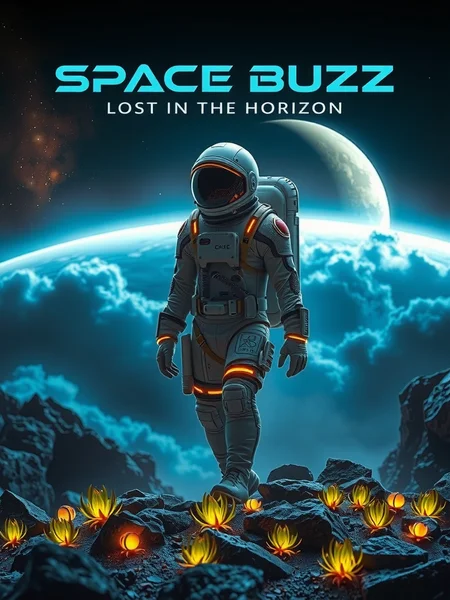 hologram title: "Space Buzz, Lost in the Horizon". In a realistic and cinematic style, photo of an astronaut in a sleek, futuristic spacesuit stands on an alien landscape, surrounded by rocky terrain and ethereal clouds swirling around. The background features a large, detailed planet illuminated by distant stars, creating a hyperrealistic cosmic atmosphere. The color palette is predominantly dark with shades of deep blue, accented by the shimmering lights on the suit, which glow warmly against the cold backdrop. Lush, bioluminescent vegetation sprouts from the ground, adding vibrant hints of green and yellow. The scene exudes a sense of wonder and exploration, capturing the majesty of space and the isolation of the astronaut.