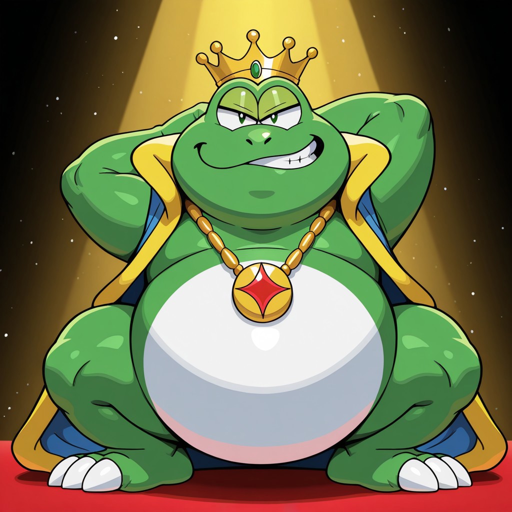 Wart_SMB2, frog, green skin, snout, nostrils, white belly, white claws, 4 fingers, 2 toes, light green eyelids, big eyes, black pupils, chubby, short legs, thick thighs, blue and yellow robes, robes, necklace, crown, mini crown, jewelry, grinning, looking at viewer, male, 1boy, no humans, volumetric lighting, perfect lighting, masterpiece, best quality, amazing quality, very aesthetic, absurdres, newest, high quality, detailed background, arm behind head, posing, half lidded eyes, smug, open mouth