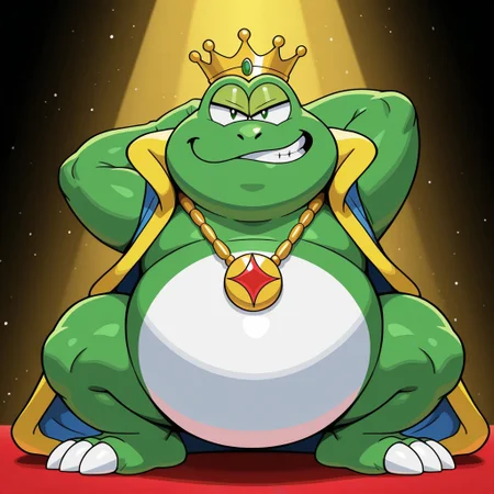 Wart_SMB2, frog, green skin, snout, nostrils, white belly, white claws, 4 fingers, 2 toes, light green eyelids, big eyes, black pupils, chubby, short legs, thick thighs, blue and yellow robes, robes, necklace, crown, mini crown, jewelry, grinning, looking at viewer, male, 1boy, no humans, volumetric lighting, perfect lighting, masterpiece, best quality, amazing quality, very aesthetic, absurdres, newest, high quality, detailed background, arm behind head, posing, half lidded eyes, smug, open mouth