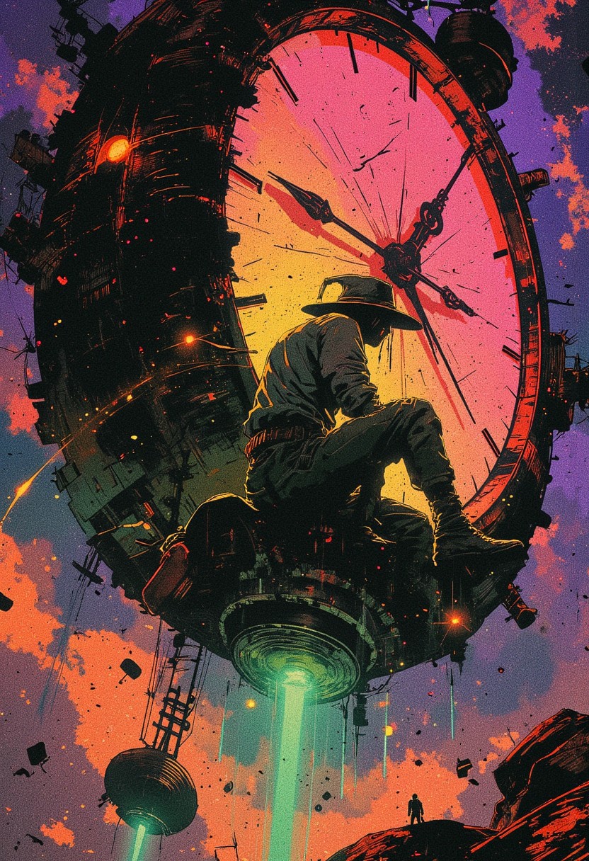 drkfnts style, ne0nfant4sy, wrcrftcnmtc,  Dark fantasy psychedelic landscape with a giant, floating clock suspended in the void of space, its face cracked and glowing with shifting, surreal patterns of deep purples, electric blues, and neon greens. A lone man sits silently on the clock's massive hour hand,His head is tilted downward, a wide, worn hat obscuring his face, exuding mystery and detachment. Dressed in traditional Vietnamese farmer clothes, his presence contrasts sharply with the vibrant, otherworldly backdrop. A curved sword rests at his hip, glinting faintly in the surreal glow. The air is filled with swirling, chaotic light trails, and the shattered remnants of stars float aimlessly, creating a schizophrenic, dreamlike atmosphere of madness and beauty.
dark fantasy<lora:sxz-Dark-Fantasy-v2-Flux:1>,<lora:NeonFantasyFLUX:1>,
