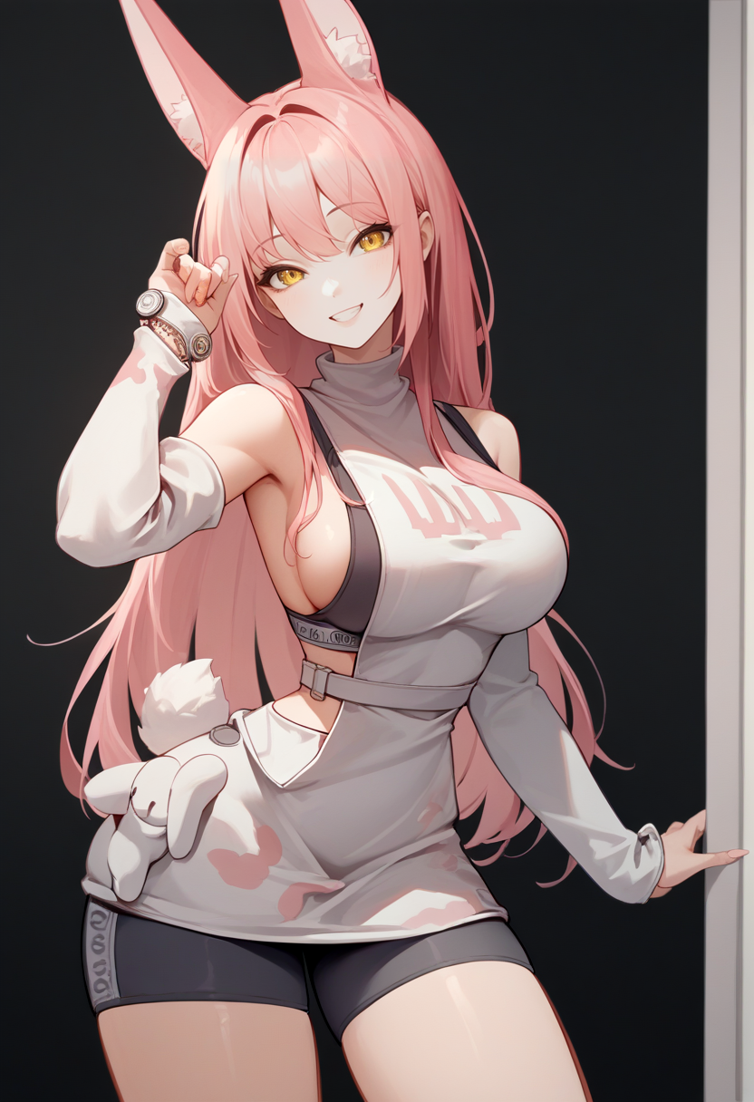 score_9, score_8_up, score_7_up, source_anime BREAK 1girl, solo, standing, wide hips, smile, <lora:leona-nikke-richy-v1_pdxl:0.9> leona, pink hair, long hair, animal ears, yellow eyes, white sweater, turtleneck, sweater dress, sports bra, detached sleeves, white belt, spandex shorts, sideboob, looking at viewer, black background, indoors, wide hips, long legs, narrow waist
