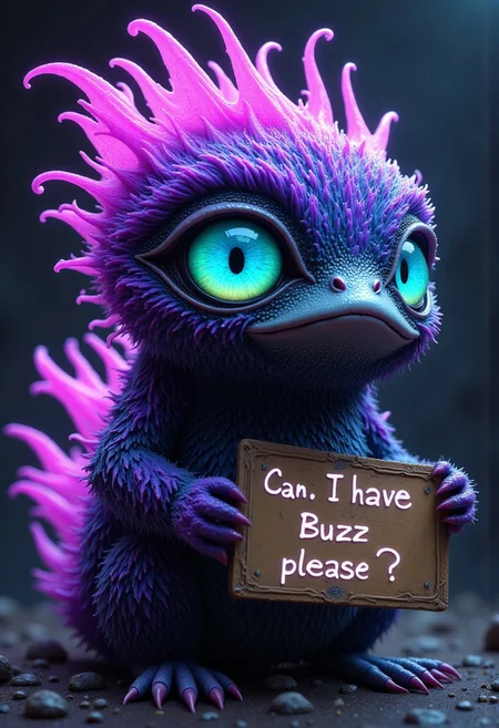A strange feathered creature holding a sign saying "Can I have Buzz, please?", intricate details, mystical, stunning, award winning, cinematic still, dreamlike, otherworldly, vivid colors, dramatic lighting, colors ranging from purple to blue, very detailed, 4k