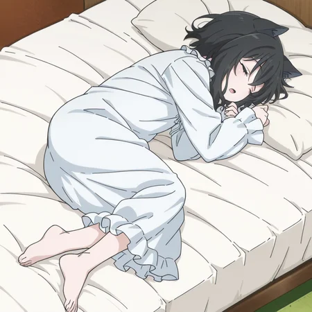 nsfw, masterpiece,best quality,amazing quality,1girl, solo, reincarnated_as_a_sword_fran, animal ears, black hair, barefoot, closed eyes, sleeping, cat ears, lying, on side, open mouth, pajamas, bed, dress, pillow, nightgown, short hair, white dress, long sleeves, on bed, <lora:Fran_-_Reincarnated_as_a_Sword:0.7>