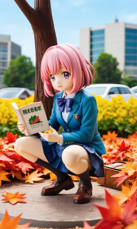 1girl, nishikino maki,
real world location, photo background, the real background, solo, looking at viewer, short hair, skirt, long sleeves, holding, bow, jacket, school uniform, purple eyes, flower, outdoors, red hair, pleated skirt, shoes, socks, day, bowtie, blue skirt, tree, blue bow, squatting, blue jacket, black socks, grass, blazer, scenery, motor vehicle, blue bowtie, winter uniform, otonokizaka school uniform, car, red flower,
A young girl with pink hair and a blue dress sitting on the ground in front of a large tree. she is holding a book in her hands and appears to be reading it. behind her, there are two other girls standing near the tree, one wearing a green jacket and the other wearing a yellow jacket. they are both looking at each other and appear to be engaged in conversation. on the right side of the image, there is a pile of trash and debris scattered around. the background shows a city street with buildings and cars parked along the side. the sky is blue and the ground is covered in fallen leaves.
score_9, score_8_up, score_7_up, source_anime
