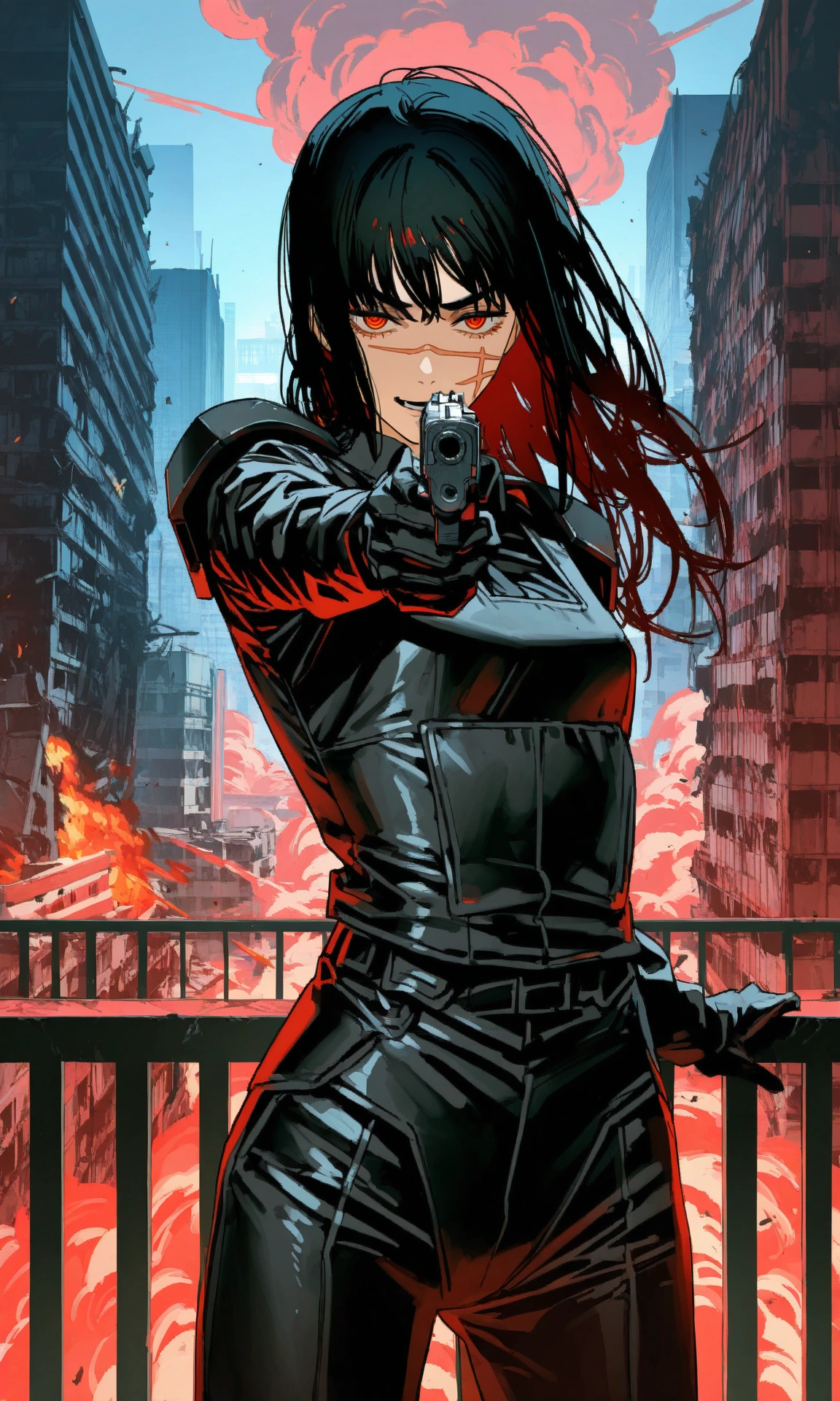 red eyes, 1girl, yoru \(chainsaw man\), long hair, scar on face, ringed eyes, (cyberpunk:1.2), (science fiction:1.2), black bodysuit, armor, shoulder pads, handgun, aiming at viewer, black gloves, science fiction, balcony, serious, (\(mushroom cloud\):1.15), explosion, smoke, (city:1.15), ruins, laughing, crazy, looking at viewer, red theme, cowboy shot, leaning back, small breasts, (mature female:0.5), (masterpiece, best quality, very awa:1.0)