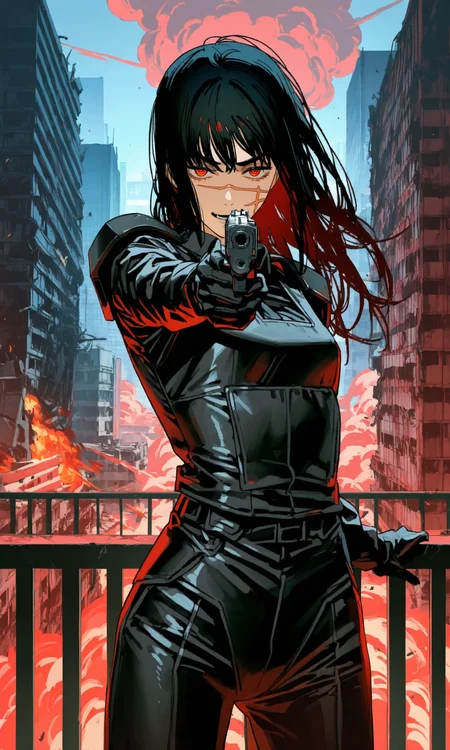 red eyes, 1girl, yoru \(chainsaw man\), long hair, scar on face, ringed eyes, (cyberpunk:1.2), (science fiction:1.2), black bodysuit, armor, shoulder pads, handgun, aiming at viewer, black gloves, science fiction, balcony, serious, (\(mushroom cloud\):1.15), explosion, smoke, (city:1.15), ruins, laughing, crazy, looking at viewer, red theme, cowboy shot, leaning back, small breasts, (mature female:0.5), (masterpiece, best quality, very awa:1.0)