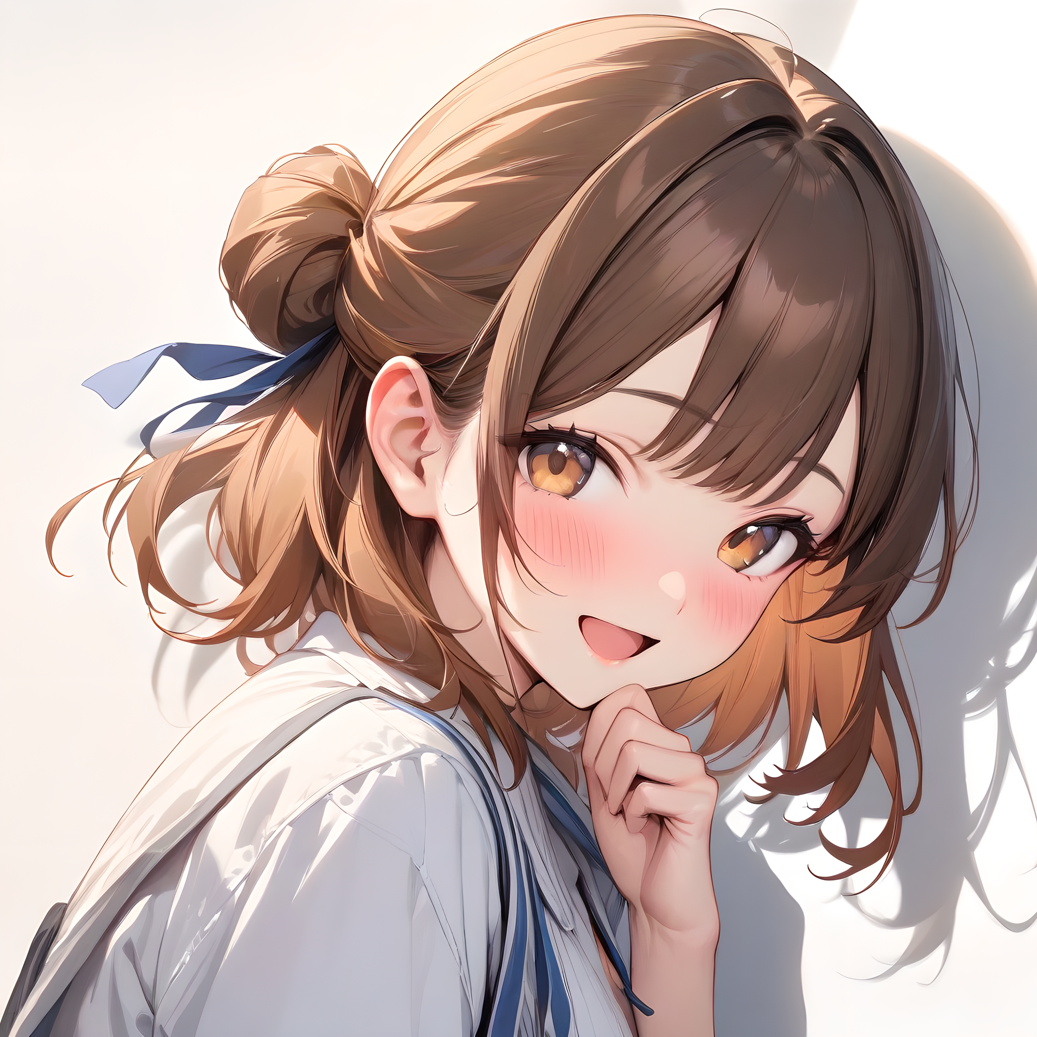 (masterpiece),(best quality),(ultra-detailed),(best illustration),(best shadow),(absurdres),(detailed background),(very aesthetic), hanami_ume, 1girl, solo, upper body, white background, smile, looking at viewer, simple background, brown hair, open mouth, shirt, hair bun, white shirt, blush, brown eyes, ribbon<lora:XL-HanamiUme:1>