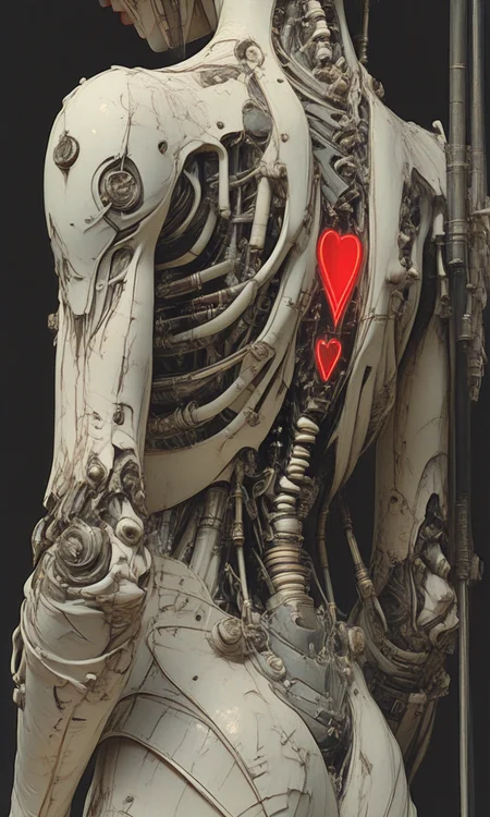 The image is a concept art piece that appears to be highly detailed and sharp. It showcases a humanoid figure made of intricate mechanical parts with a prominent heart visible in the center. The figure seems to be made of metal and wires with various tubes and components intertwined. The background is dark putting emphasis on the figure. The medium appears to resemble a digital painting or a highly detailed illustration rather than a photograph or traditional art forms. <lora:HyperdetailedIllustrationIll:0.8> <lora:HyperdetailedColoredPencilIl:0.8> <lora:DelicateWhimsyIllustrious:0.8> <lora:- iLL - the_edgy_mech_V3.0:0.8>