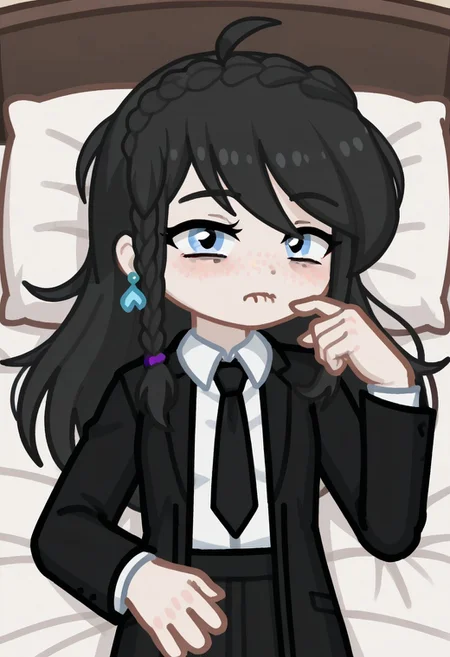 score_9, score_8_up, score_7_up, score_6_up, Neon light, lying in bed, GELUGDD, GELUGDDGacha, GELUGDD, GELUGDDGacha, Gacha, girl, black hair, long hair, braid, blue eyes, blue earrings, black tie, ((Tired)), ((Tired face))
