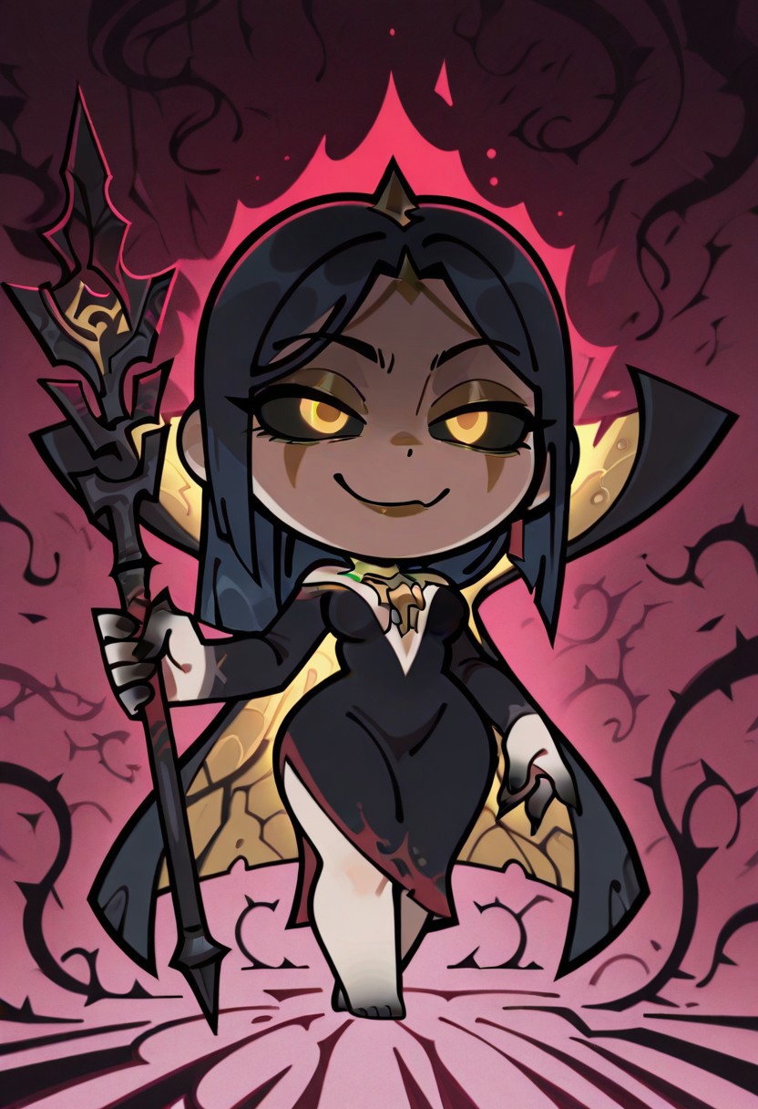 masterpiece,best quality,amazing quality,
1girl,<lora:zzzemoji:1>,zzzemoji,chibi,simple background,smirk, solo, 1girl, leblanc_rework, colored sclera, dark gray sclera, golden eyes, glowing eyes, detailed eyes, holding a staff, evil smile, dark blue hair, long hair, parted bangs, asymmetrical hair, shiny hair, facial mark, golden facial mark, golden lipstick, glitter eyeshadow, jiggling breasts, wide hips, medium breasts, bare feet, black gradiant feet, black fingers, sharp fingernails, detailed fingers, pink thorns background, mature female, milf, black dress, two-sided cape, closed mouth,  plunging neckline, long dress, eyelashes, bare shoulders, jiggling breasts, evil smile amazing quality,very aesthetic,absurdres,newest, detailed eyes,