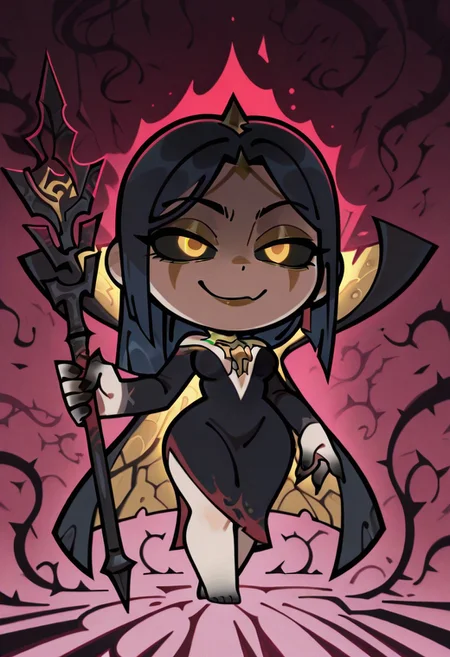 masterpiece,best quality,amazing quality,
1girl,<lora:zzzemoji:1>,zzzemoji,chibi,simple background,smirk, solo, 1girl, leblanc_rework, colored sclera, dark gray sclera, golden eyes, glowing eyes, detailed eyes, holding a staff, evil smile, dark blue hair, long hair, parted bangs, asymmetrical hair, shiny hair, facial mark, golden facial mark, golden lipstick, glitter eyeshadow, jiggling breasts, wide hips, medium breasts, bare feet, black gradiant feet, black fingers, sharp fingernails, detailed fingers, pink thorns background, mature female, milf, black dress, two-sided cape, closed mouth,  plunging neckline, long dress, eyelashes, bare shoulders, jiggling breasts, evil smile amazing quality,very aesthetic,absurdres,newest, detailed eyes,